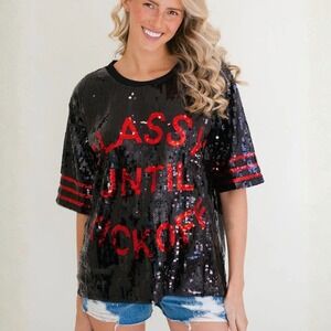 Judith March Classy Until Kickoff Sequin Jersey Top Black Red Size Small/Medium